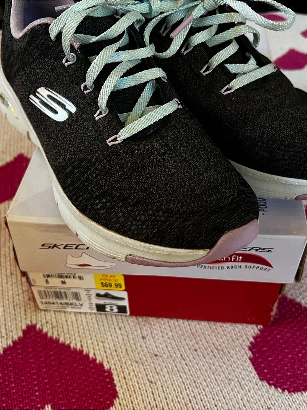 Skechers Black Knit Sneakers with Mint Laces and Pink Accents